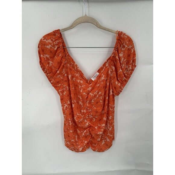 Sienna Sky Blouse Junior Large Orange Floral Ruched Bohemian Preppy Summer - Picture 1 of 10